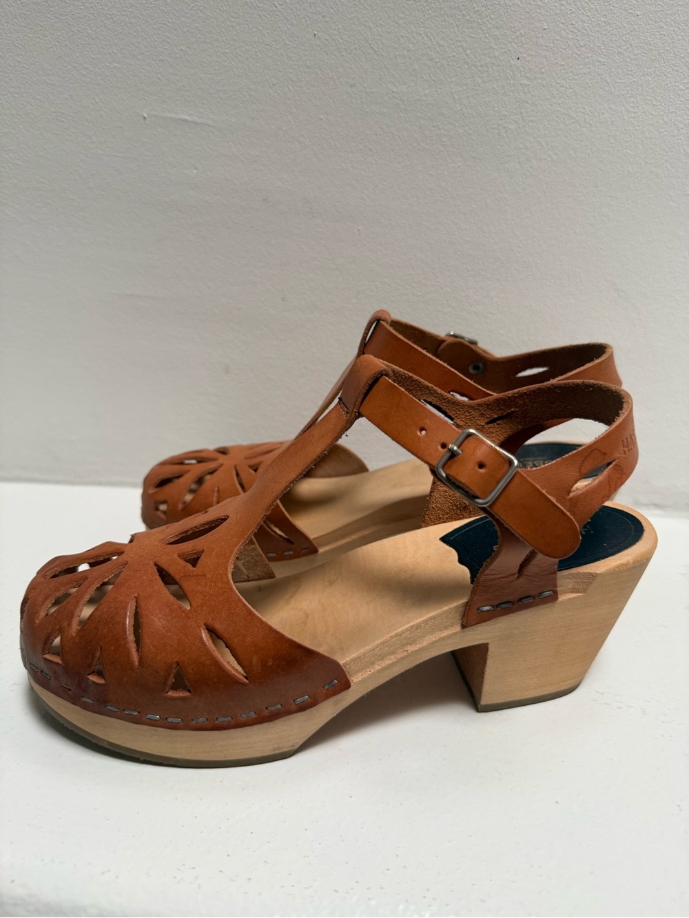 Swedish Hasbeens Tan Leather Cutout Clog Sandals